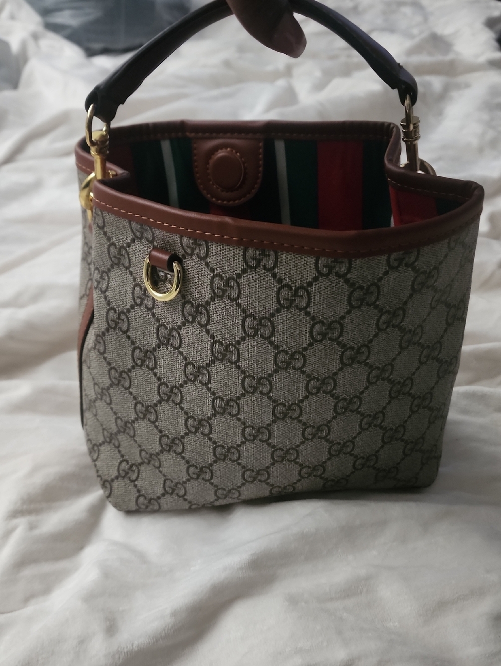 Tan GG Small Bucket Bag w/Strap